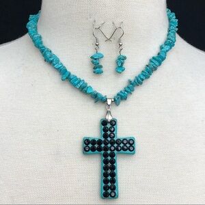 Large Turquoise Cross Stone Necklace Earrings Set